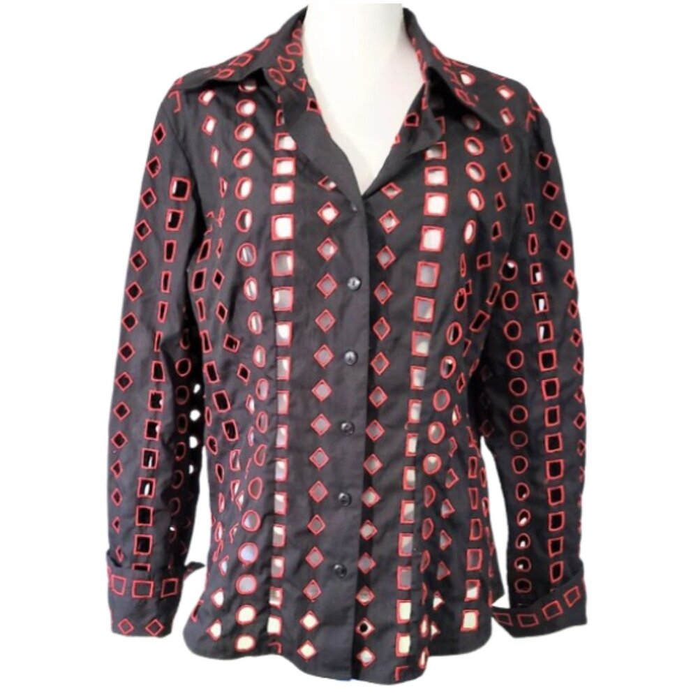 D & Y Black & Red Cut Out 100% Cotton Button-Down Shirt - Women's XL